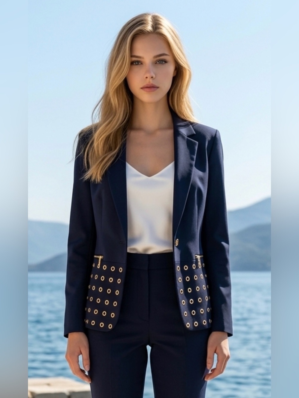 Michael Kors Dark Navy Blazer with Gold Eyelet Band
